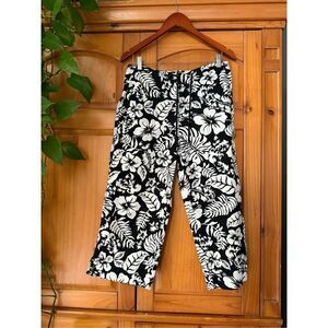 LAUREN RALPH LAUREN Women Black White Floral Cotton Cropped Pants SZ 10